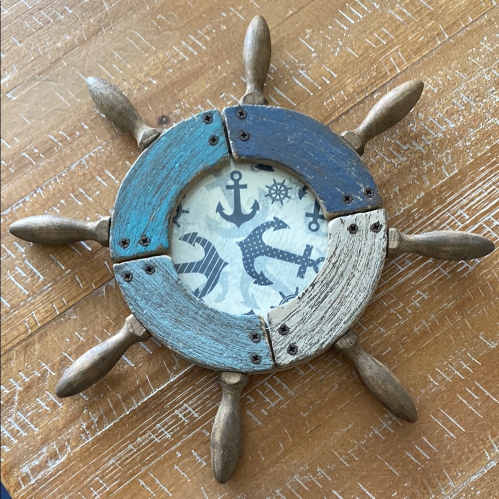 Nautical Wooden Ship Wheel Wall Decor - Blues and Tan
